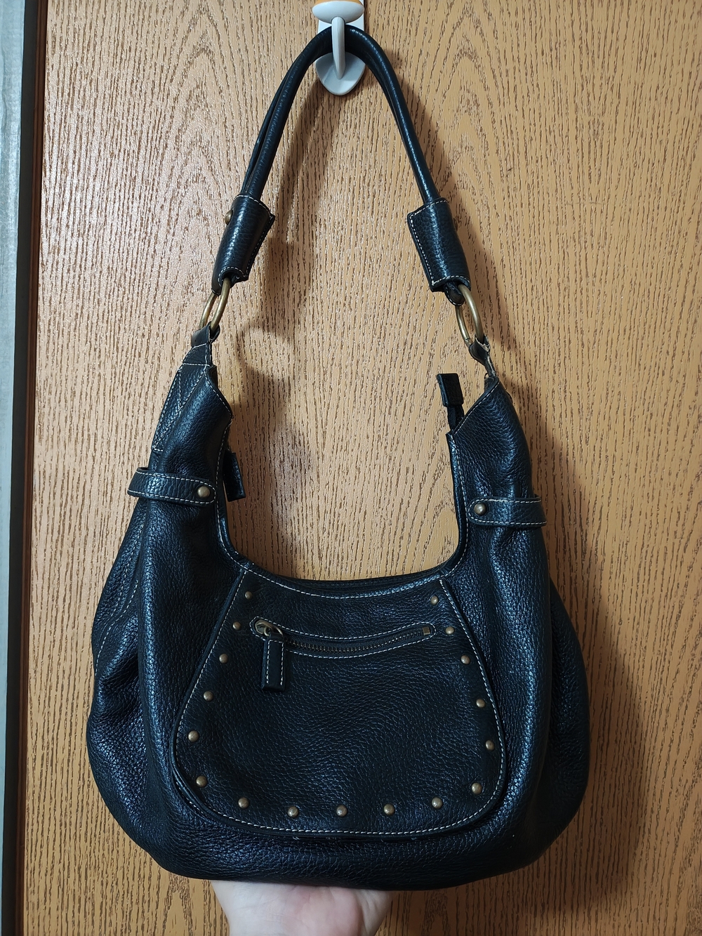 Maxx New York Black Pebbled Leather Hobo with Stud Detail